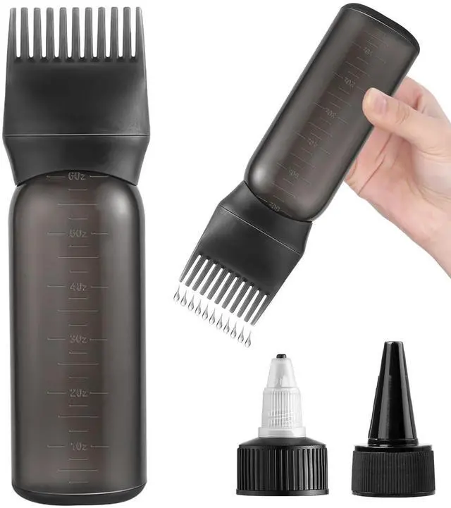 Main image of Root Comb Applicator Bottle Hair Oil Applicator for Dye and Scalp, Black | 6 Ounce, Reusable, 2 Types Caps and Graduated Scale, Home Salon Use