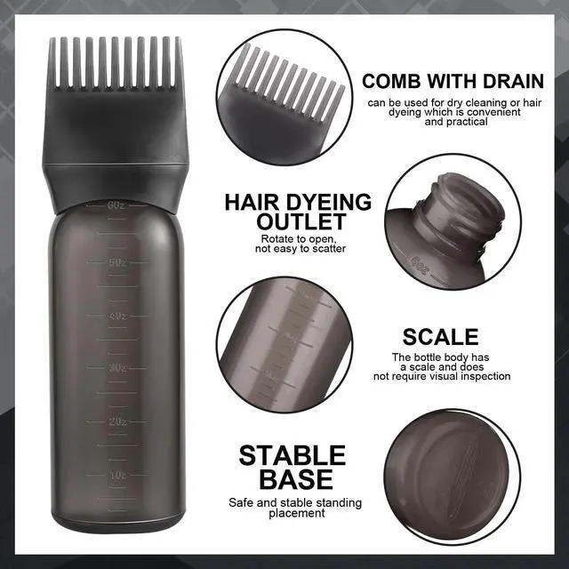 Alt view image 4 of 6 - Root Comb Applicator Bottle Hair Oil Applicator for Dye and Scalp, Black | 6 Ounce, Reusable, 2 Types Caps and Graduated Scale, Home Salon Use