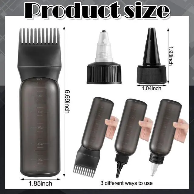 Alt view image 2 of 6 - Root Comb Applicator Bottle Hair Oil Applicator for Dye and Scalp, Black | 6 Ounce, Reusable, 2 Types Caps and Graduated Scale, Home Salon Use