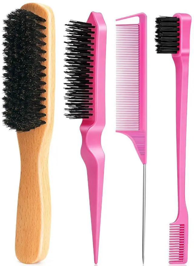 Main image of Boar Bristle Slick Back Hair Brush for Smooth Flyaways, Frizz, Sleek Ponytail, Buns and Edge Baby Hair, Teasing | Hair Comb, Edge Brush, Teasing Brush Styling Accessories for Girls, Kids, Women & Men