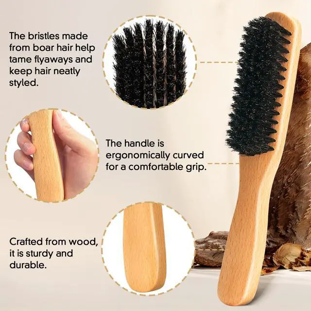 Alt view image 2 of 7 - Boar Bristle Slick Back Hair Brush for Smooth Flyaways, Frizz, Sleek Ponytail, Buns and Edge Baby Hair, Teasing | Hair Comb, Edge Brush, Teasing Brush Styling Accessories for Girls, Kids, Women & Men