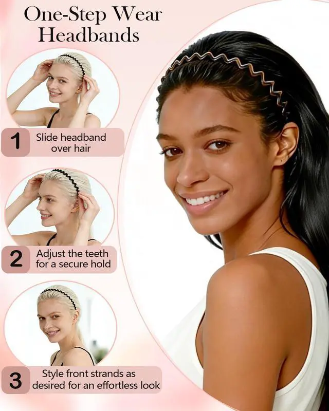 Alt view image 2 of 7 - Headbands for Women, Non-Slip Comb Wavy Headbands with Teeth | Slick-Back Fashion Accessories,Comfortable Hairbands, Black & Tortoise Cellulose Acetate, Ideal Gifts for Women, 2 pcs
