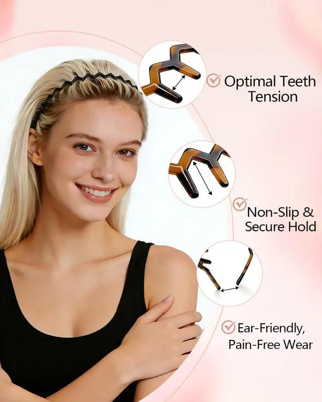 Alt view image 3 of 7 - Headbands for Women, Non-Slip Comb Wavy Headbands with Teeth | Slick-Back Fashion Accessories,Comfortable Hairbands, Black & Tortoise Cellulose Acetate, Ideal Gifts for Women, 2 pcs