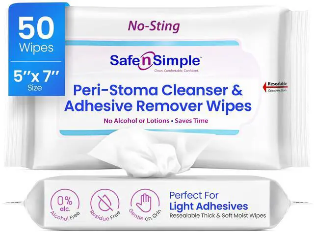 Main image of Resealable Adhesive Remover Wipes for Skin - 50 Large 5"x7" No Sting Alcohol Free Medical Adhesive Remover Pads for Ostomy, Stoma Care - Gentle Adhesive Removal Wipes for Bandages, Tape