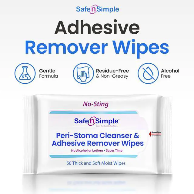 Alt view image 3 of 7 - Resealable Adhesive Remover Wipes for Skin - 50 Large 5"x7" No Sting Alcohol Free Medical Adhesive Remover Pads for Ostomy, Stoma Care - Gentle Adhesive Removal Wipes for Bandages, Tape
