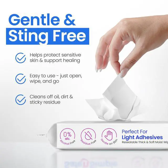 Alt view image 6 of 7 - Resealable Adhesive Remover Wipes for Skin - 50 Large 5"x7" No Sting Alcohol Free Medical Adhesive Remover Pads for Ostomy, Stoma Care - Gentle Adhesive Removal Wipes for Bandages, Tape