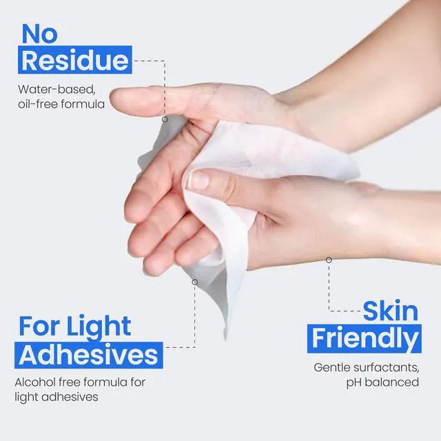 Alt view image 5 of 7 - Resealable Adhesive Remover Wipes for Skin - 50 Large 5"x7" No Sting Alcohol Free Medical Adhesive Remover Pads for Ostomy, Stoma Care - Gentle Adhesive Removal Wipes for Bandages, Tape