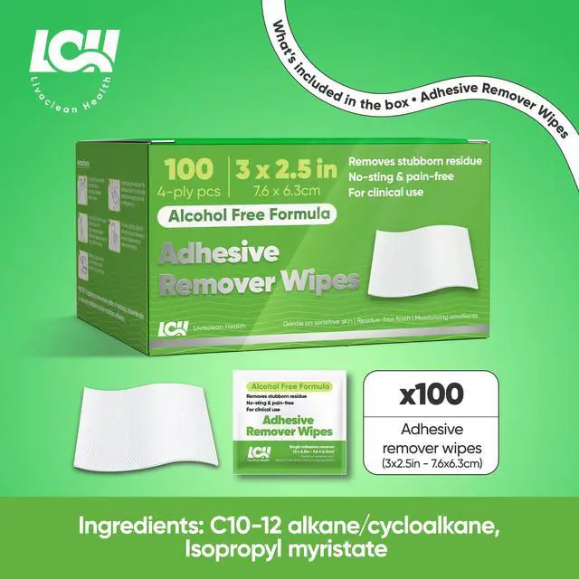 Alt view image 2 of 7 - 100CT Adhesive Remover Wipes Alcohol-Free No-Sting Medical Adhesive Remover for Skin 3"x2.5" 60 GSM Adhesive Remover Pads Effective Bandage, Dressings, Ostomy Adhesive Removers