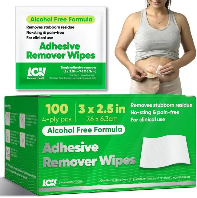 Main image of 100CT Adhesive Remover Wipes Alcohol-Free No-Sting Medical Adhesive Remover for Skin 3"x2.5" 60 GSM Adhesive Remover Pads Effective Bandage, Dressings, Ostomy Adhesive Removers