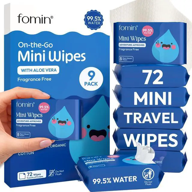 Main image of Mini Water Wipes - Fragrance Free - 72 Count Travel Size Pack | 99.5% Purified Water Wet Wipes for Adults & Kids - Plant-Based & Biodegradable - Small Packs for Bags, Purses and Pockets