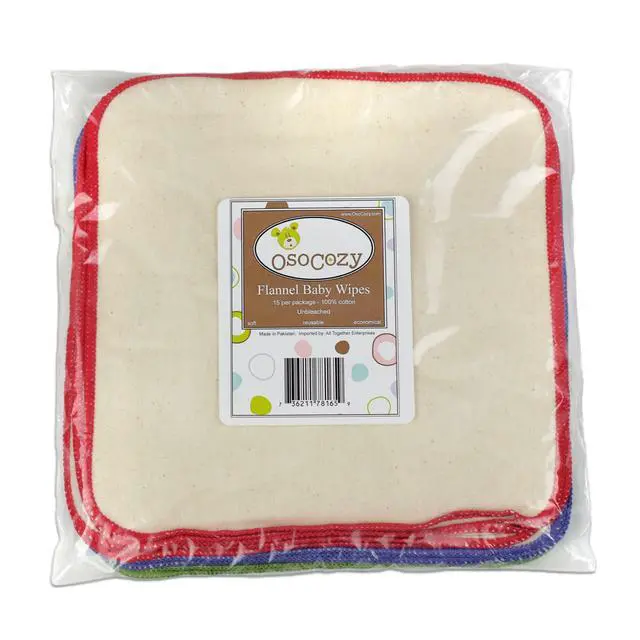 Alt view image 4 of 7 - Cloth Baby Wipes - Reusable and Washable Saves Money - 15 Pack Unbleached/Natural 100% Cotton - Soft and Durable - Colorful Outer Stitching - 8 x 8 inches each.