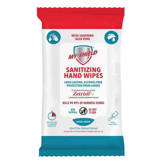 Alt view image 2 of 5 - Sanitizing Hand Wipes - Travel Pack - 20 Count (4-pack) Alcohol-Free, Long-lasting Protection. Kills 99.9% of Germs. Moisturizes With Aloe Vera. Formulated with Zetrisil.