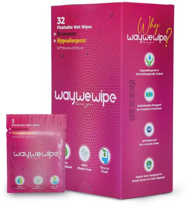 Main image of On-The-Go Flushable Feminine Wet Wipes, 32 Count XL Individually Wrapped Female Wipes, Hypoallergenic 100% Plant Based Septic Safe, Travel Size Adult Cleansing Cloth for Women, Rosewater