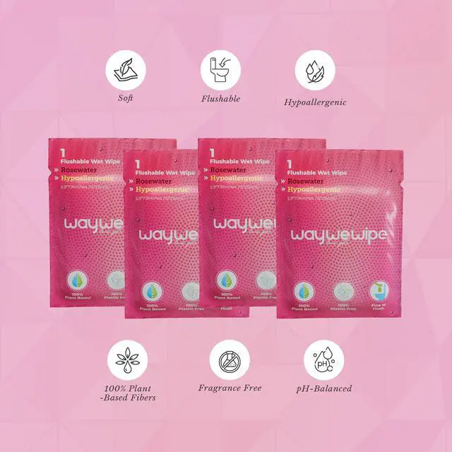 Alt view image 2 of 7 - On-The-Go Flushable Feminine Wet Wipes, 32 Count XL Individually Wrapped Female Wipes, Hypoallergenic 100% Plant Based Septic Safe, Travel Size Adult Cleansing Cloth for Women, Rosewater