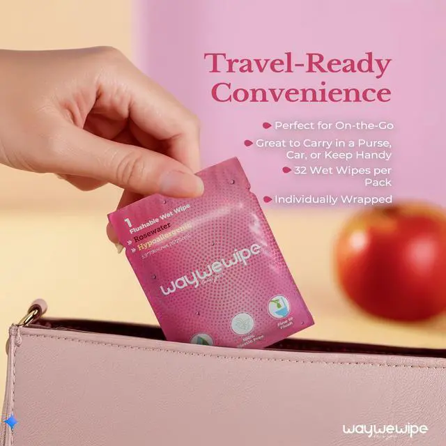 Alt view image 3 of 7 - On-The-Go Flushable Feminine Wet Wipes, 32 Count XL Individually Wrapped Female Wipes, Hypoallergenic 100% Plant Based Septic Safe, Travel Size Adult Cleansing Cloth for Women, Rosewater