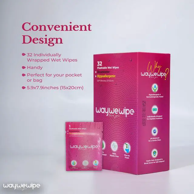 Alt view image 6 of 7 - On-The-Go Flushable Feminine Wet Wipes, 32 Count XL Individually Wrapped Female Wipes, Hypoallergenic 100% Plant Based Septic Safe, Travel Size Adult Cleansing Cloth for Women, Rosewater