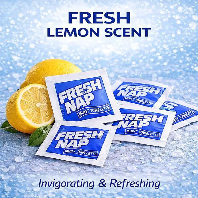 Alt view image 2 of 7 - Fresh Lemon Moist Towelettes, Individually Wrapped Hand Wipes for Travel, Disposable Alcohol-Free Wet Wipes (100 Count, Medium)