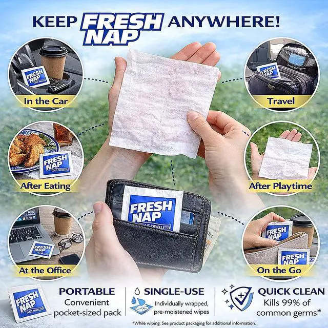 Alt view image 5 of 7 - Fresh Lemon Moist Towelettes, Individually Wrapped Hand Wipes for Travel, Disposable Alcohol-Free Wet Wipes (100 Count, Medium)