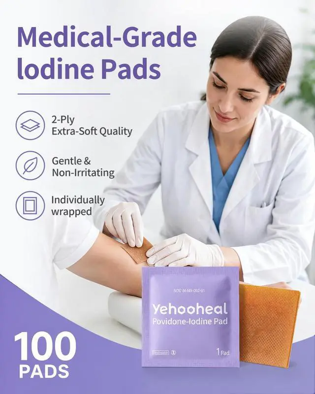 Alt view image 2 of 7 - Povidone Iodine Prep Pads 10%(100 Pads) | Individually Wrapped Sterile Antiseptic Wipes Alcohol-Free for Wound Cleaning, First Aid