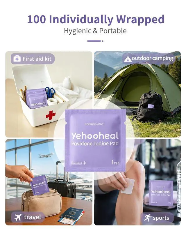 Alt view image 6 of 7 - Povidone Iodine Prep Pads 10%(100 Pads) | Individually Wrapped Sterile Antiseptic Wipes Alcohol-Free for Wound Cleaning, First Aid
