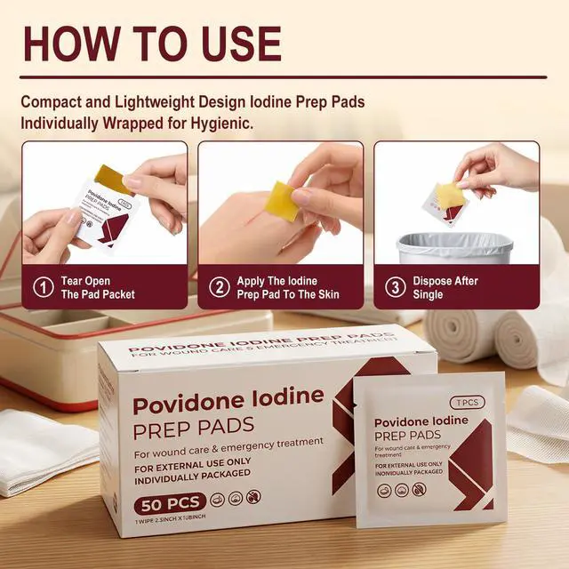 Alt view image 3 of 7 - Disposable Iodine Wipes, Individually Wrapped Iodophor Pads (200 Count) | Bulk Povidone Skin Prep Wipes First Aid Kits Alcohol-Free Iodine Pad for Wound Bruise Care Supplies, Travel, Outdoor