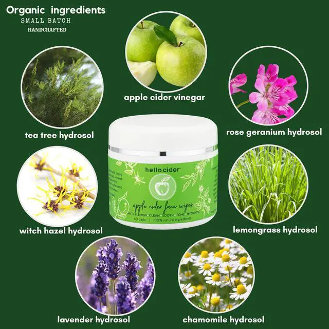 Alt view image 2 of 7 - Apple Cider Vinegar Acne Face Toner Pads, Tea tree, 60 Pads | Oil-free. ACV + 7 organic hydrosols: tea tree, witch hazel, rose geranium, chamomile, lavender, lemongrass, neroli.