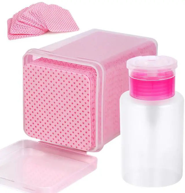 Main image of 200 Pieces Nail Cotton Pads,1 Pull-Down Pump Dispenser Bottle, Super Absorbent Soft Non-Woven Eyelash Glue Wipes, Nail Polish dehumidifier for Eyelash Extension Products and Nail Oil Bottle (Pink)