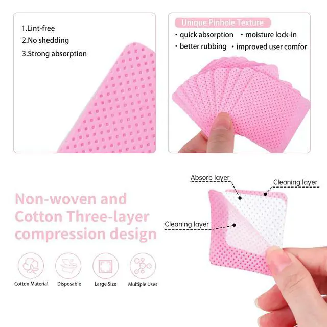 Alt view image 3 of 7 - 200 Pieces Nail Cotton Pads,1 Pull-Down Pump Dispenser Bottle, Super Absorbent Soft Non-Woven Eyelash Glue Wipes, Nail Polish dehumidifier for Eyelash Extension Products and Nail Oil Bottle (Pink)