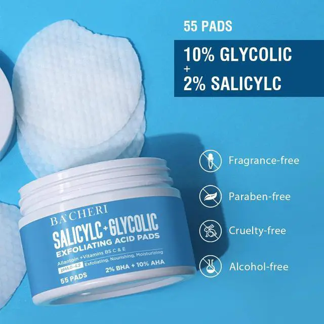 Alt view image 2 of 6 - 10% Glycolic Acid + 2% Salicylic Acid Peel Pads - BACHERI Resurfacing Pads For Face with Vitamins B5, C & E, Allantoin - Exfoliating Facial Peel for Dark Spots, Blackhead, Acne, 55 Pcs