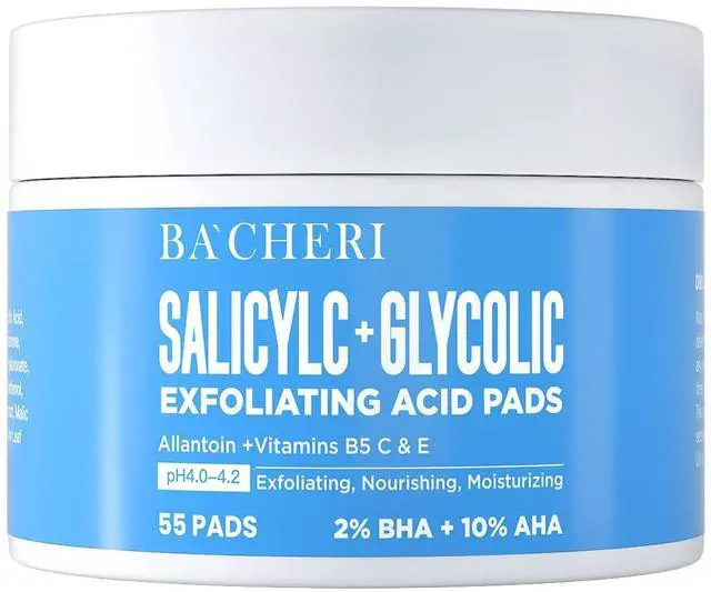 Main image of 10% Glycolic Acid + 2% Salicylic Acid Peel Pads - BACHERI Resurfacing Pads For Face with Vitamins B5, C & E, Allantoin - Exfoliating Facial Peel for Dark Spots, Blackhead, Acne, 55 Pcs