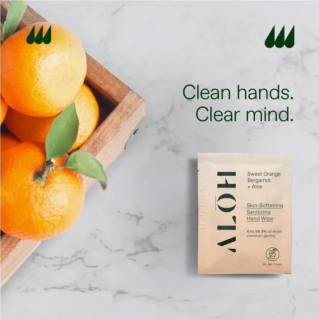 Alt view image 4 of 6 - Sweet Orange Bergamot + Aloe Hand Sanitizer Wipes Individually Wrapped | Clean Hands, Clear Mind, On The Go, Travel Size for Kids and Adults | Alcohol Free, Moisturizing, Scented | 20 Wipes