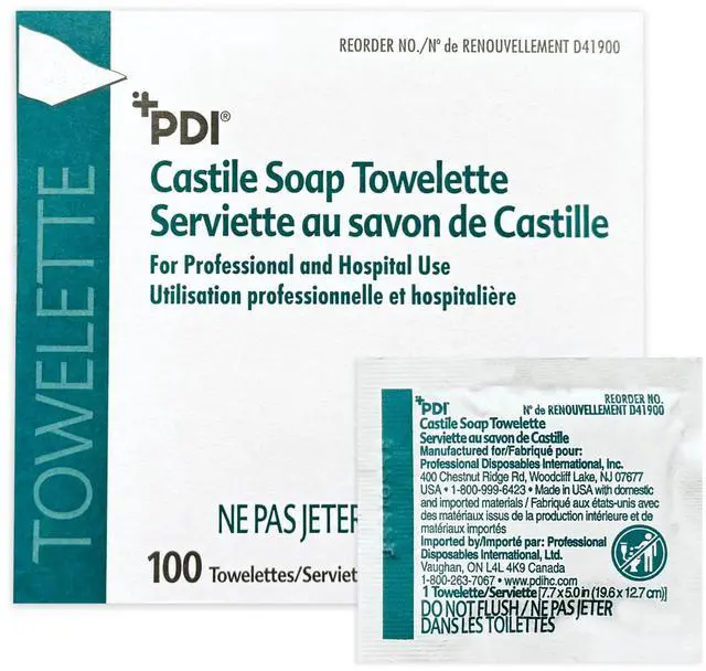 Main image of Soap Towelette, 1 Box of 100 Individually Wrapped 7.7"x5" Wipes, Gentle Soap Cleansing Towelettes for Personal Hygiene, Hand & Facial Cleaning, Travel & Patient Care