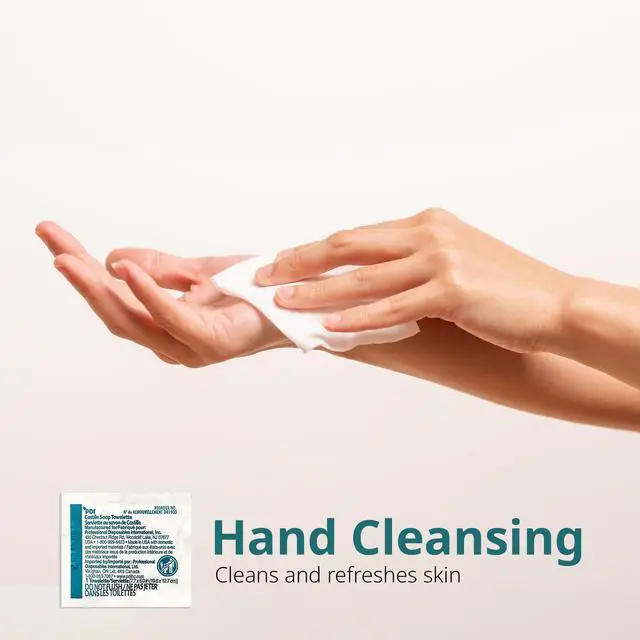 Alt view image 5 of 7 - Soap Towelette, 1 Box of 100 Individually Wrapped 7.7"x5" Wipes, Gentle Soap Cleansing Towelettes for Personal Hygiene, Hand & Facial Cleaning, Travel & Patient Care