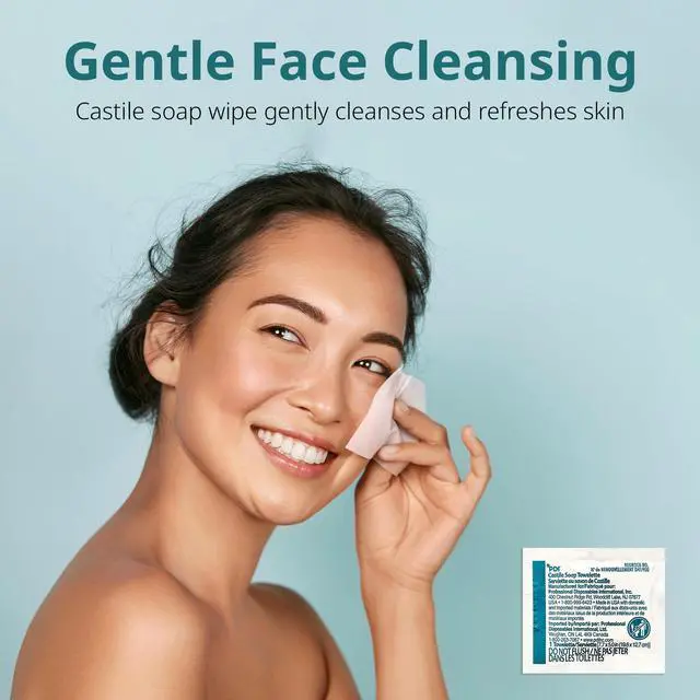 Alt view image 6 of 7 - Soap Towelette, 1 Box of 100 Individually Wrapped 7.7"x5" Wipes, Gentle Soap Cleansing Towelettes for Personal Hygiene, Hand & Facial Cleaning, Travel & Patient Care