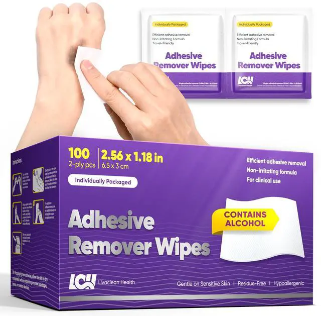 Main image of 100 CT Adhesive Remover Wipes Strong & Effective Skin Adhesive Remover 2 Ply 2.56x1.18in (6.5x3cm) Medical Adhesive Remover for Bandage, Tape, Dressings, and Ostomy Residue - By