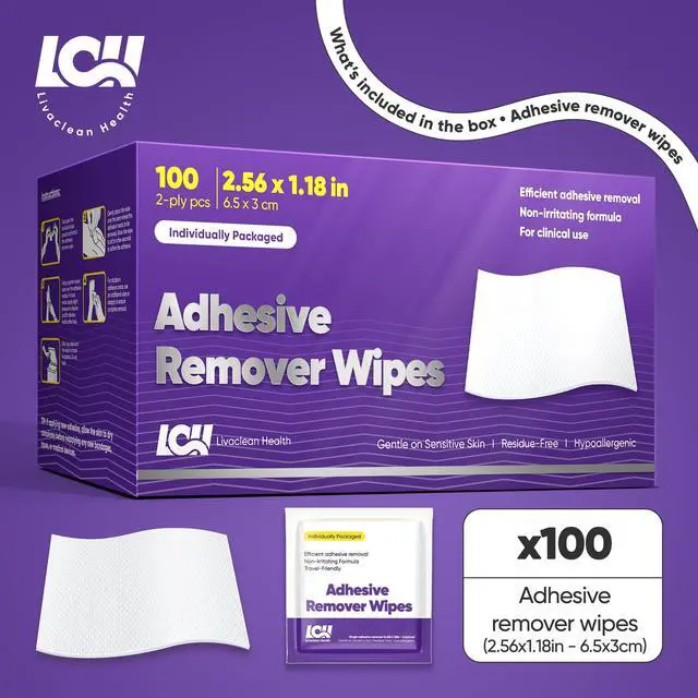 Alt view image 2 of 6 - 100 CT Adhesive Remover Wipes Strong & Effective Skin Adhesive Remover 2 Ply 2.56x1.18in (6.5x3cm) Medical Adhesive Remover for Bandage, Tape, Dressings, and Ostomy Residue - By
