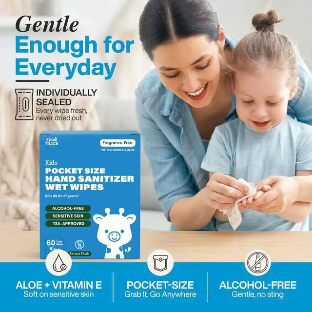 Alt view image 3 of 7 - Pocket Hand Sanitizer Wipes Alcohol-Free & Fragrance-Free Kills 99.9% of Germs Safe for Kids & Sensitive Skin Travel Wipes 60 Count (10 Packs of 6) TSA Approved