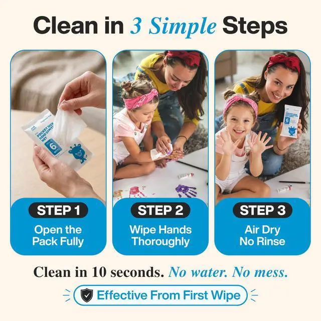 Alt view image 4 of 7 - Pocket Hand Sanitizer Wipes Alcohol-Free & Fragrance-Free Kills 99.9% of Germs Safe for Kids & Sensitive Skin Travel Wipes 60 Count (10 Packs of 6) TSA Approved