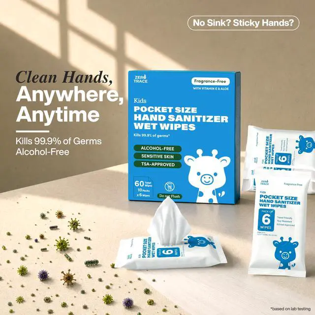 Alt view image 2 of 7 - Pocket Hand Sanitizer Wipes Alcohol-Free & Fragrance-Free Kills 99.9% of Germs Safe for Kids & Sensitive Skin Travel Wipes 60 Count (10 Packs of 6) TSA Approved