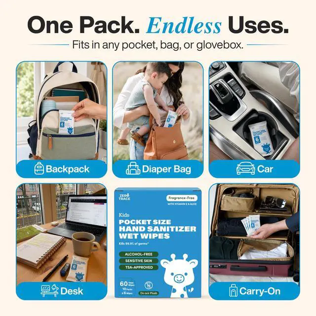 Alt view image 7 of 7 - Pocket Hand Sanitizer Wipes Alcohol-Free & Fragrance-Free Kills 99.9% of Germs Safe for Kids & Sensitive Skin Travel Wipes 60 Count (10 Packs of 6) TSA Approved