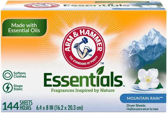 Main image of ARM & HAMMER Fabric Softener Dryer Sheets, Mountain Rain, 144 Count | Softens Clothes, Reduces Static Cling, Essential Oil Infused, Fresh Mountain Rain Scent