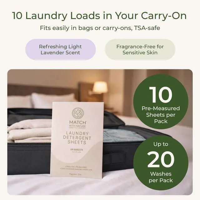 Alt view image 5 of 7 - Travel Laundry Detergent Sheets 10 Pre-Measured Loads, Dissolves Completely Plastic-Free, Biodegradable Formula Machine-Ready, Compact, TSA Carry-On Friendly Fragrance-Free
