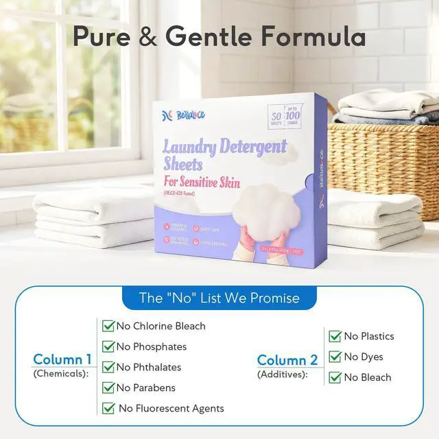 Alt view image 6 of 7 - Sensitive Skin Laundry Detergent Sheets, 100 Loads, 50 Count | Hypoallergenic, Fragrance-Free, Gentle Formula for Baby Clothes, Travel & Dorm Essentials