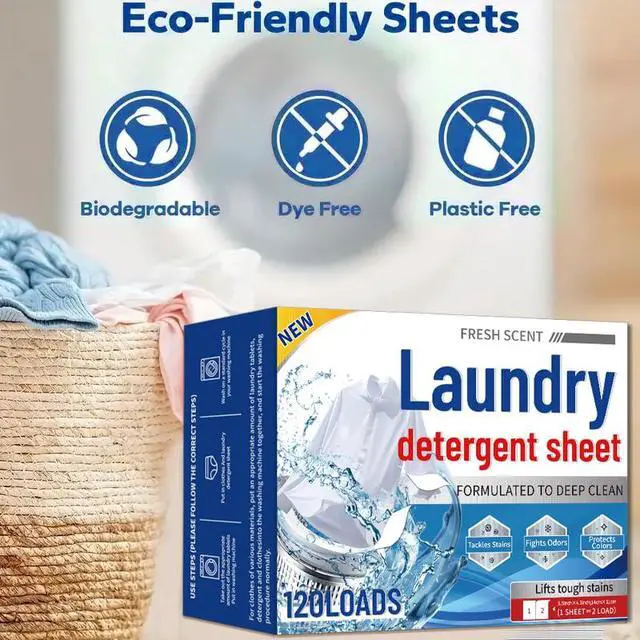 Alt view image 2 of 7 - Laundry Sheets, 60 Count | 120 Loads for Travel & Home | Eco-Friendly, Plastic-Free, Biodegradable | Ultra Concentrated, Hypoallergenic & HE Safe | Fresh Scent, Stain Fighter