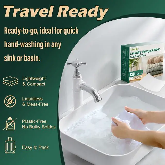 Alt view image 2 of 7 - Travel Laundry Detergent Sheets, 2-Enzyme, 120 Loads for Sink Washing | 2-Enzyme Laundry Sheets Detergent Fight Stain & Odor for Sink Washing, RV, Camper, Cruise & Dorm - Liquidless, Plastic-Free