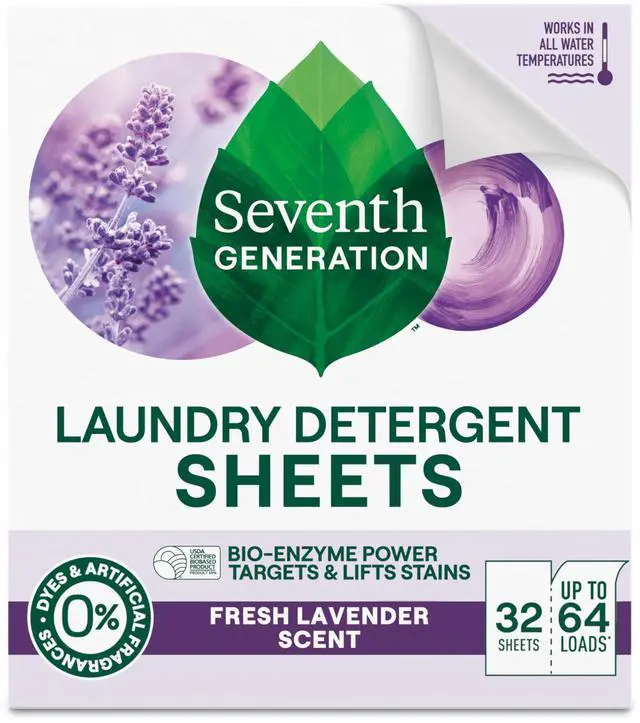 Main image of Laundry Detergent Sheets, Up to 64 Loads, Fresh Lavender Scent, Removes Tough Stains, 0% Dyes and Artificial Fragrances, Safer for your family