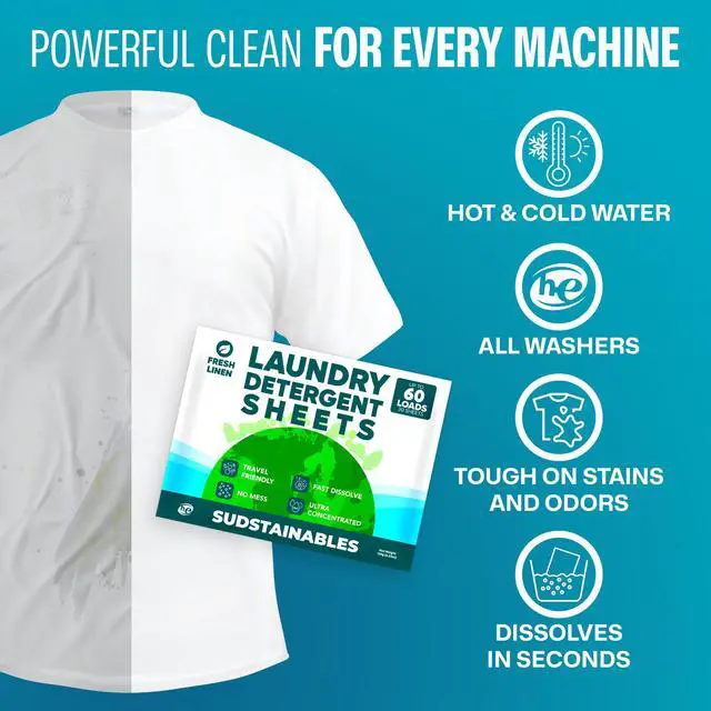 Alt view image 4 of 6 - Laundry Detergent Sheets, Fresh Linen, 60 Loads | Powerful dissolvable detergent sheets for HE and standard washers. Plastic-free, travel friendly, low-waste cleaning.