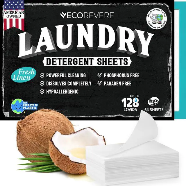 Main image of Laundry Detergent Sheets - Eco Friendly Hypoallergenic for sensitive skin, Natural Plant Based Washer Sheets, Travel Laundry Detergent, Harsh Chemical Free Laundry Soap (64 cnt/ 128 Small Loads)