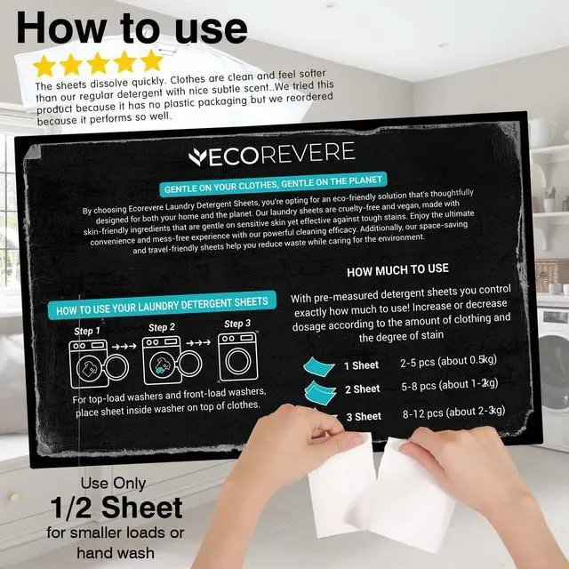 Alt view image 5 of 7 - Laundry Detergent Sheets - Eco Friendly Hypoallergenic for sensitive skin, Natural Plant Based Washer Sheets, Travel Laundry Detergent, Harsh Chemical Free Laundry Soap (64 cnt/ 128 Small Loads)