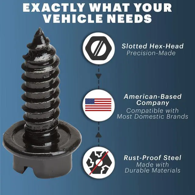 Alt view image 4 of 6 - Rustproof License Plate Screws (4-Pack, Black-Slotted) | Premium Stainless Steel, For US Domestic Vehicles & Select Imports, Fits Plate Mounts with Nylon or Plastic Inserts